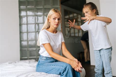 Standing Angry Little Child Daughter Scolding Raising Voice Yelling