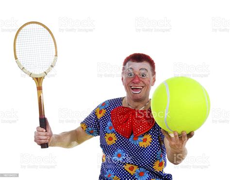 Happy Clown With Vintage Wooden Tennis Rackquet And Huge Ball Stock