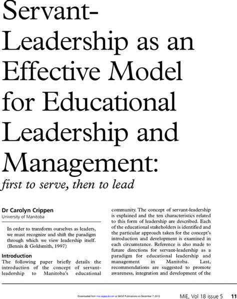 Servant Leadership As An Effective Model For Educational Leadership And