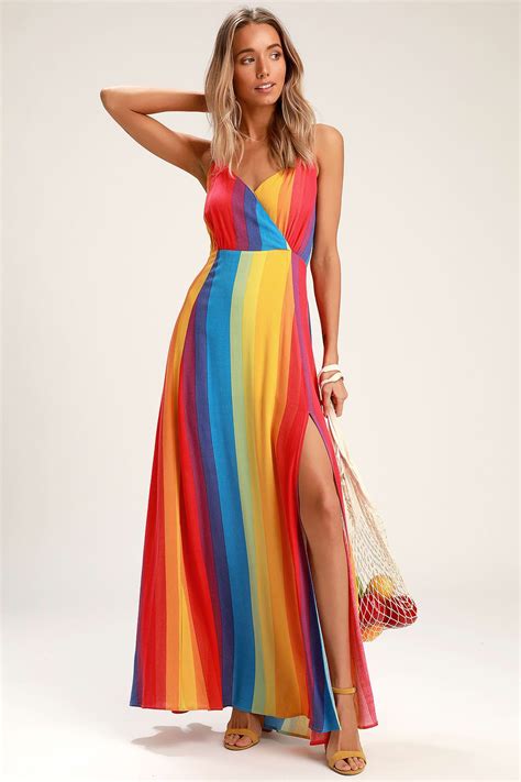 Lafern Rainbow Striped Sleeveless Maxi Dress Rainbow Dress Maxi