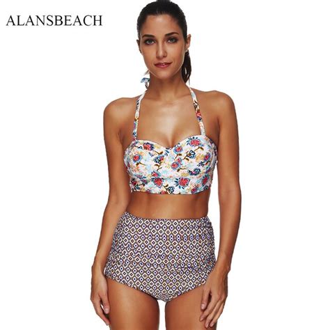Alansbeach Swimsuit Plus Size High Waist Bikini Set Swimwear Halter