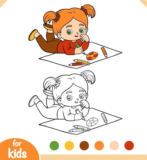 Premium Vector Coloring Book Little Girl Drawing With Color Pencils A