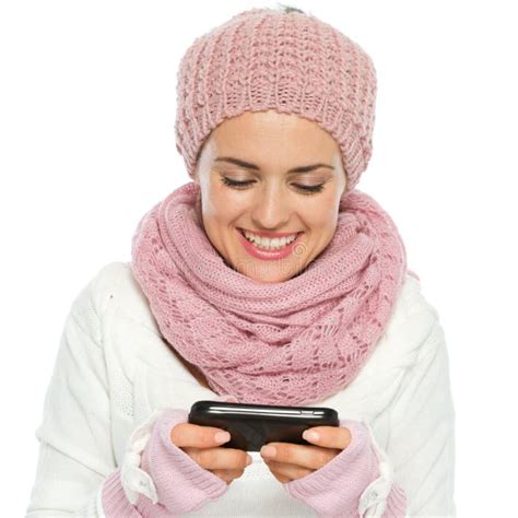 Smiling Woman Writing Text Message Stock Image Image Of Gleeful