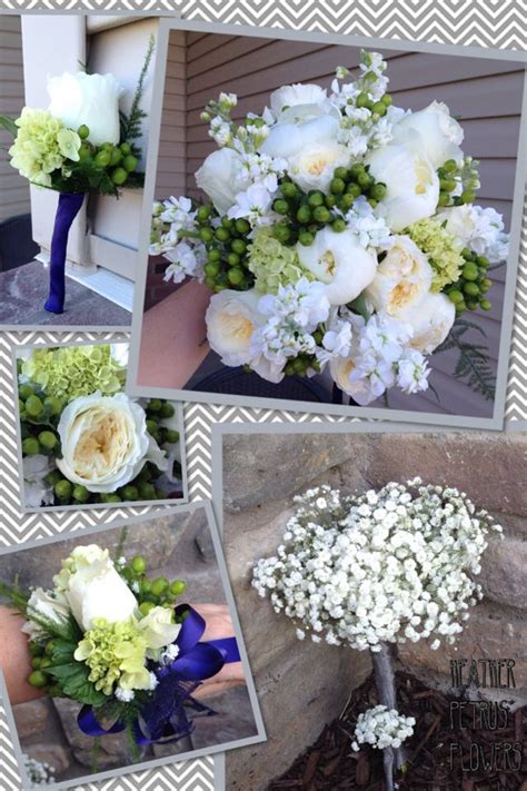 When designing your tablescapes, add a few sea stars, seashells and touches of wicker and wood to your baby blue table settings to bring the beach theme to life. Navy, green, and ivory wedding bouquet. Baby's breath ...