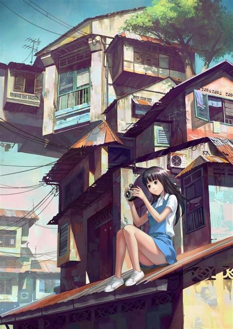 Girl With Camera On Rooftop By Chong Feigiap Anime Characters By