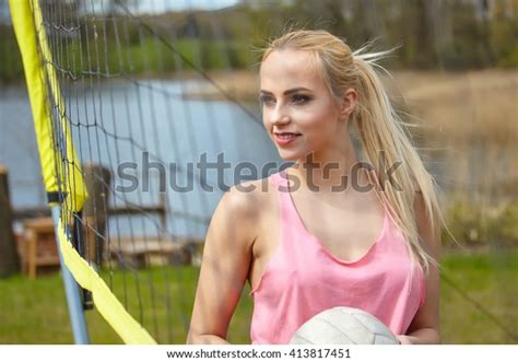 Joyful Sexy Blond Girl Playing Volleyball Stock Photo Shutterstock