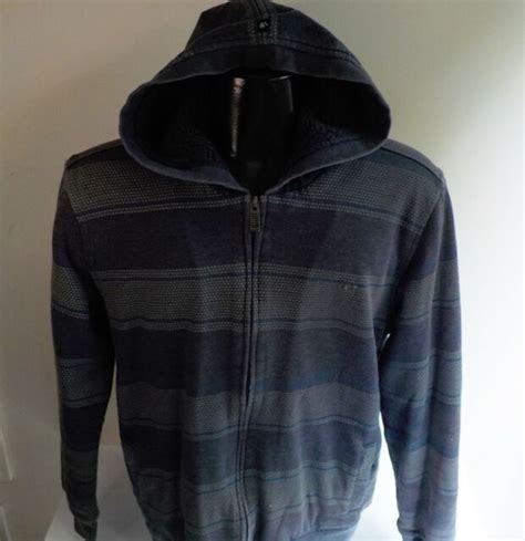 Oneill Fleece Lined Full Zipper Striped Hooded Jacket Sz Med Bluegray