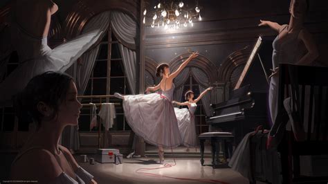 壁纸 Bangsom 芭蕾舞演员 动漫女孩 无袖 一群妇女 芭蕾舞鞋 枝形吊灯 乐器 钢琴 白色礼服 水印