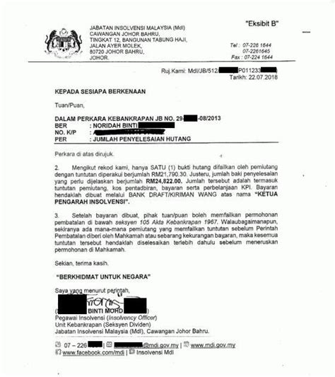 Permohonan Contoh Surat Rayuan Kepada Jabatan Insolvensi  Contoh Surat