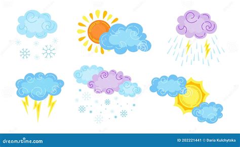 Weather Cartoon Set Cute Cloudy Snow Sun Cloud Stock Vector
