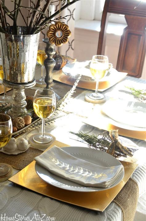 Natural Elements And Metallic Tablescape Thanksgiving Tablescapes