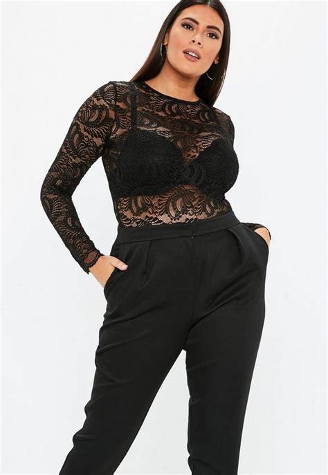 Plus Size Black Long Sleeve Lace Bodysuit Missguided