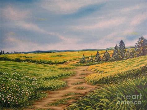 Landscape Field Grass Trees And Road Painting By Drinka Mercep
