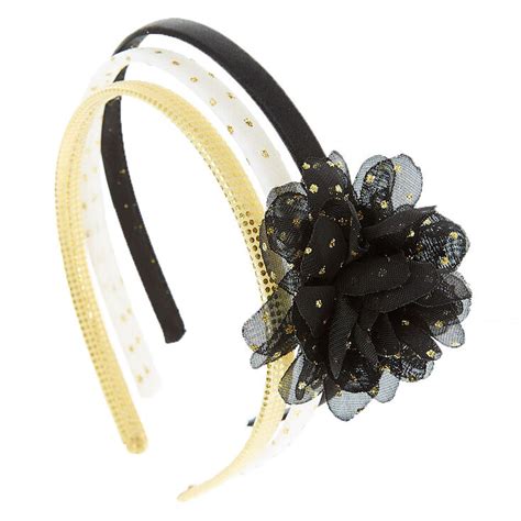 Kids 3 Pack Gold And Black Chiffon Flower Headbands Claires Us