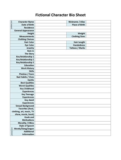 Printable Character Sheet For Writers