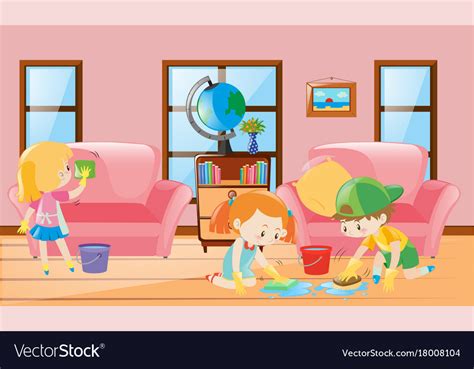Three Children Cleaning Living Room Royalty Free Vector