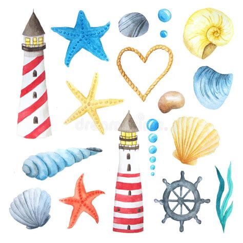 watercolor sea nautical elements set stock illustration illustration of decoration bubble