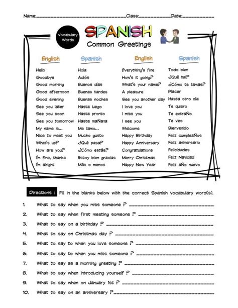 Spanish Common Greeting Vocabulary Word List Worksheet And Answer Key