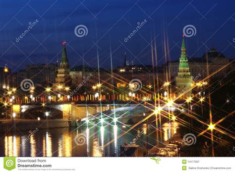 Beautiful Night Scenery With Views Of The Kremlin Stock