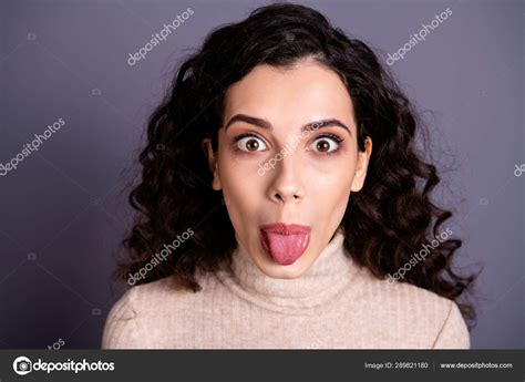 Close Up Photo Attractive Pretty Nice She Her Lady Impolite Person Tongue Out Mouth Giggling