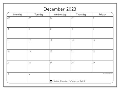 December 2023 Printable Calendar “74ms” Michel Zbinden Uk