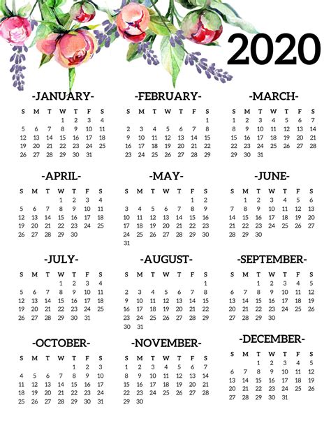 2020 Year At A Glance Printable Calendar In