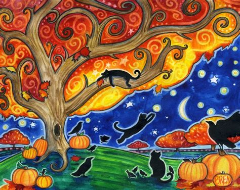 A Painting Of Cats And Pumpkins On A Fall Night