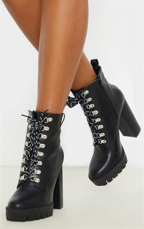 black combat lace up high platform ankle boot prettylittlething usa