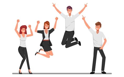 Happy Jumping Office Workers Flat Vector Illustration And Business