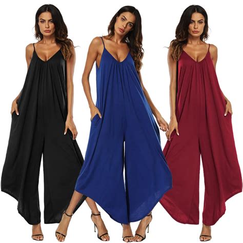 Doreenbow Women Chiffon Jumpsuits Solid Color Ankle Length Pants Loose