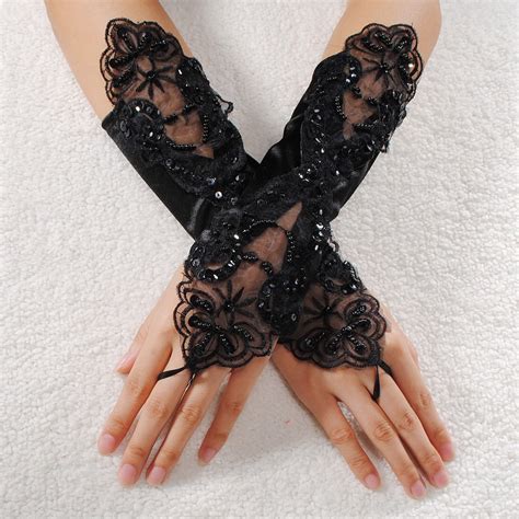 sexy bride party fingerless pearl lace satin gloves fancy black in women s gloves from apparel