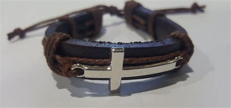 Cross Leather And Brown Chord Bracelet W Cross Charm Unisex Etsy