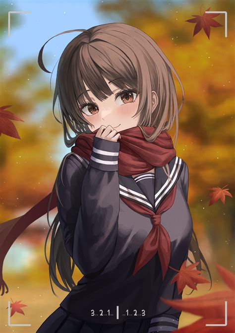 Mookyuu9 Original Commentary Request 1girl Ahoge Autumn Autumn Leaves Black Sailor Collar