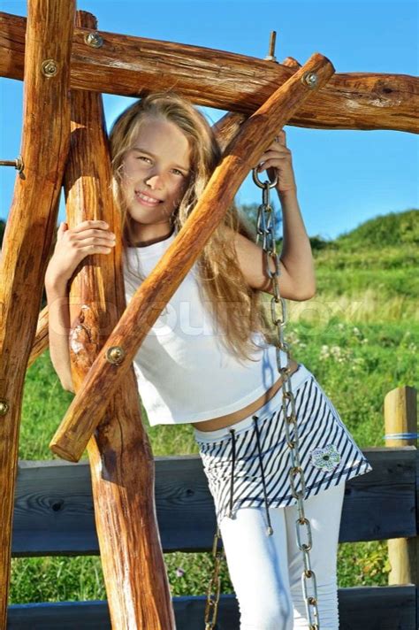 Eight Years Old Long Hair Girl Posing Outdoors Stock Image Colourbox