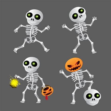 Premium Vector Happy Cartoon Skeleton Set Illustration To Happy Halloween On Grey