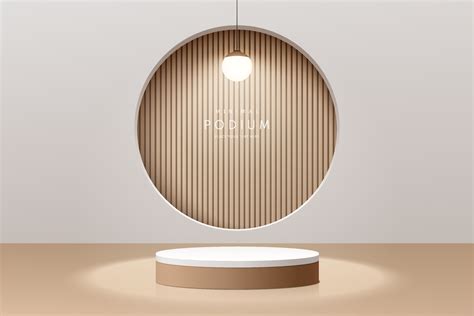 Realistic Brown Wood And White 3d Cylinder Pedestal Podium With Glowing