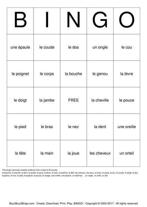 French Body Parts Bingo Cards To Download Print And Customize