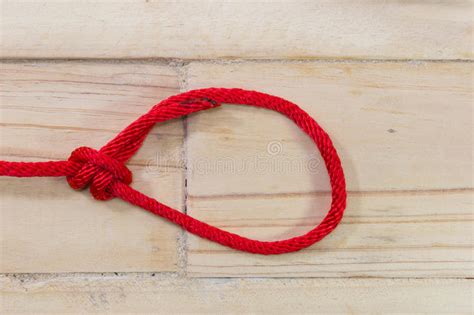 Bowline Knot Made From Red Synthetic Rope Tightening On Wooden Stock