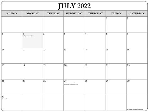 July 2020 Calendar With Holidays