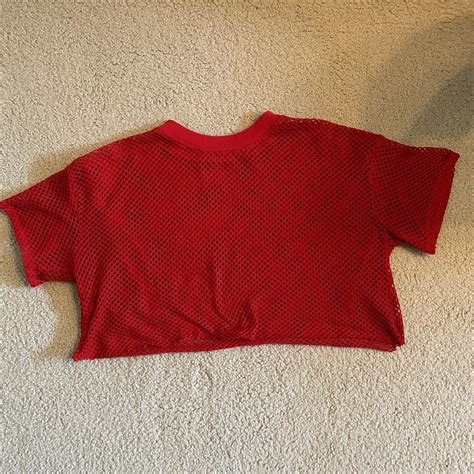 Red Mesh See Through Crop Shirt Size Small Depop