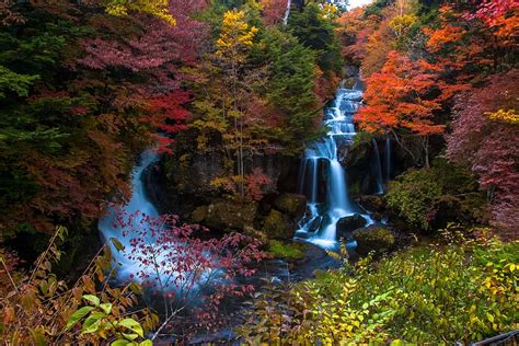 Waterfalls Surrounded Trees Ryuzu Waterfall Sunlight Autumn