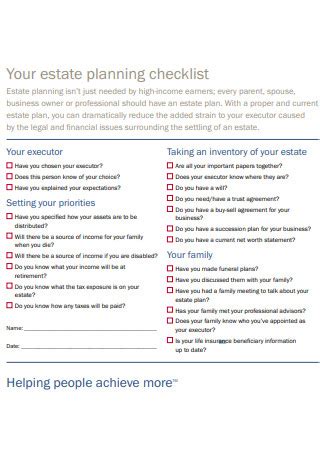 Sample Estate Planning Checklists In Pdf Ms Word