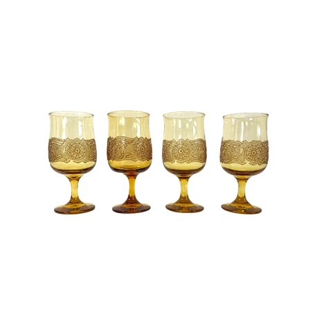 4 Vintage Libbey Americana Amber Glass Water Goblet Four Retro Large Glasses Drinkware W