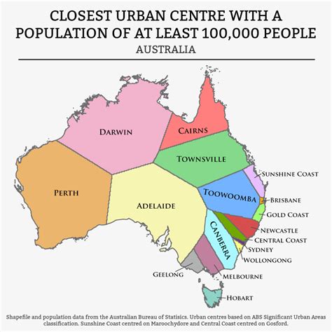 Australia Divided By The Closest Urban Area With At Least 100000