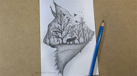 How To Draw Forest Landscape Scenery Inside Wild Animal Head Pencil