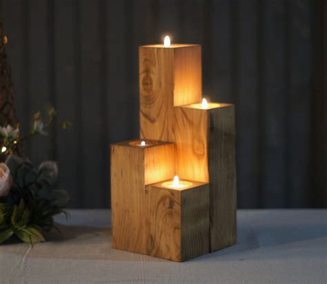 Reclaimed Wooden Cube Candle Holder Set Of Four Tealight Holders Approx