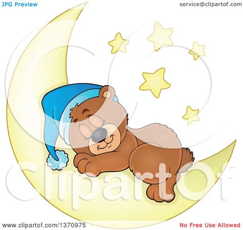 Clipart Of A Cartoon Cute Brown Bear Sleeping On A Crescent Moon Under