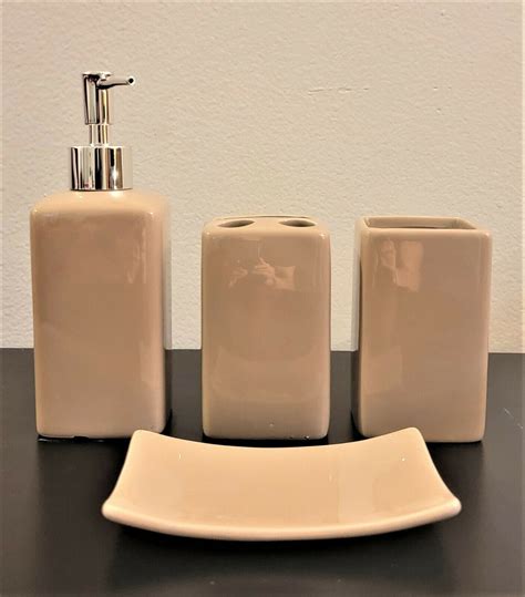 Complete 4 Piece Taupe Ceramic Shiny Lush Bathroom Accessories Kit Set