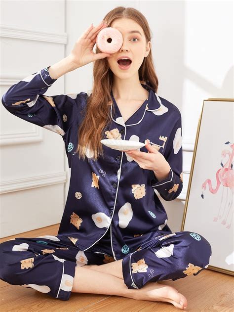 Graphic Print Satin Pajama Set Sheinsheinside In 2020 Satin Pajamas Satin Pyjama Set