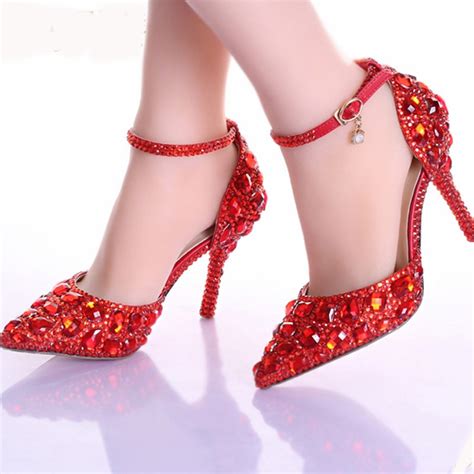Handmade Sexy Pointed Toe Bridesmaid Shoes Red Crystals Women High Heel Red Rhinestone Bridal